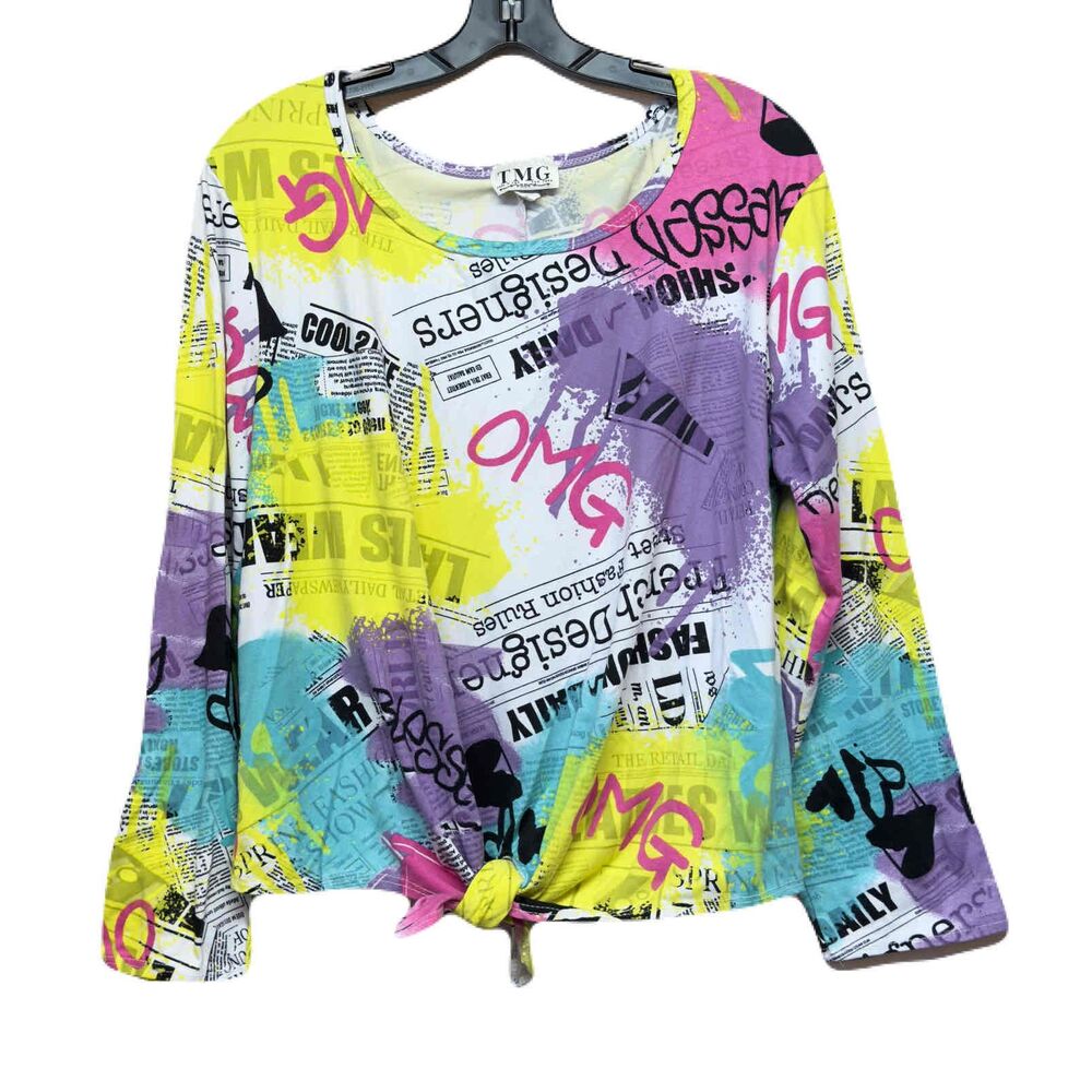 TMG Womens Long Sleeve Graphic Print Knot Front Round Neck Top Size 1X